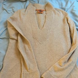 Tory Burch tan tunic split neck sweater